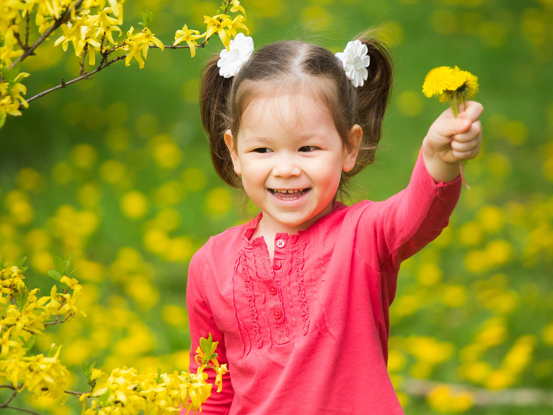 bambina asiatica tiene in mano fiori gialli in un giardino