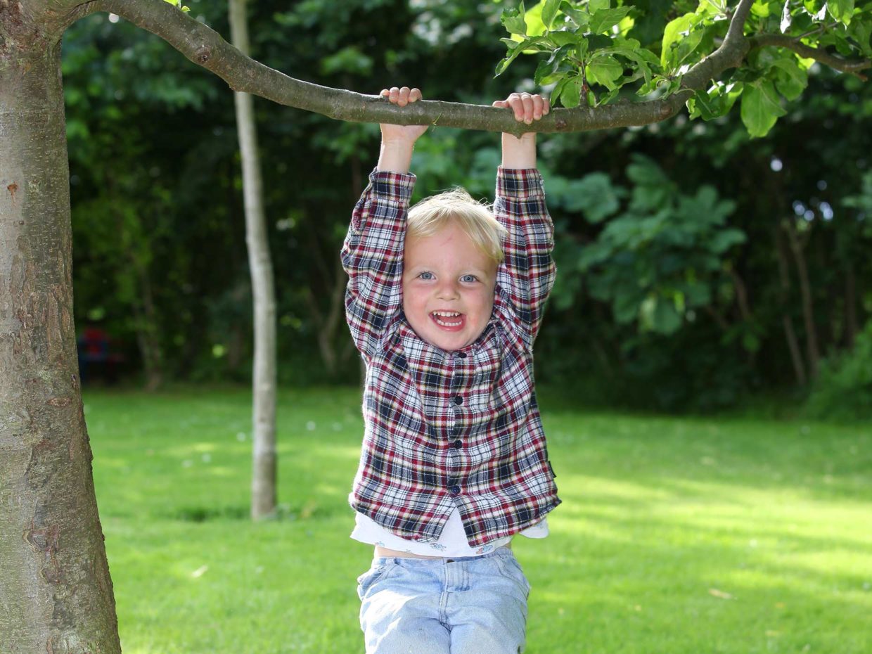 bambino biondo felice appeso ad un ramo in un giardino